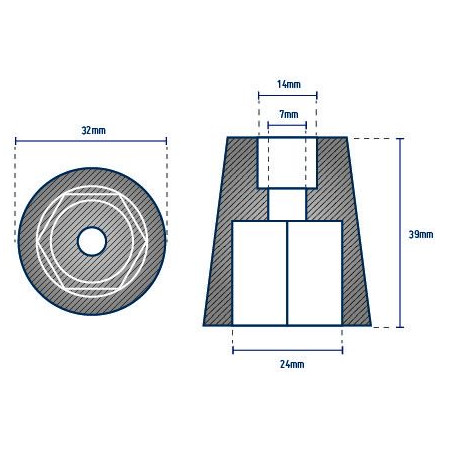 Anode Embout conique radice 6 pans - ORANGEMARINE