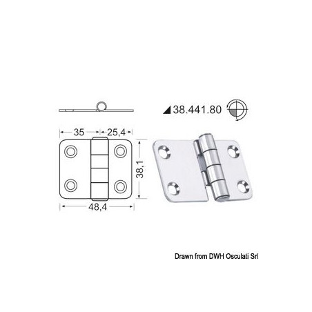 Charnière inox  épaisseur 2 mm - 60.4 x 38.1 mm